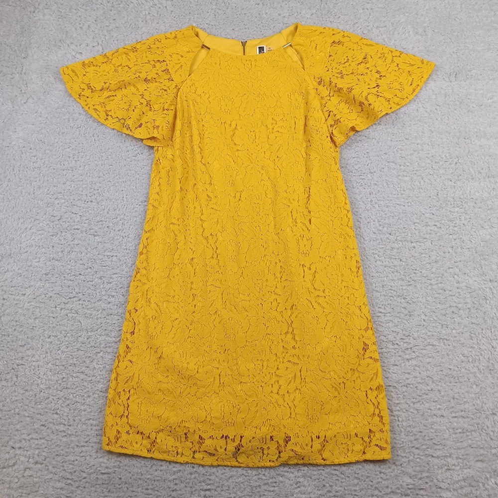 Julian Taylor Dress Shift Woman 12 Yellow Lace Flutter Sleeve RN 67473‎